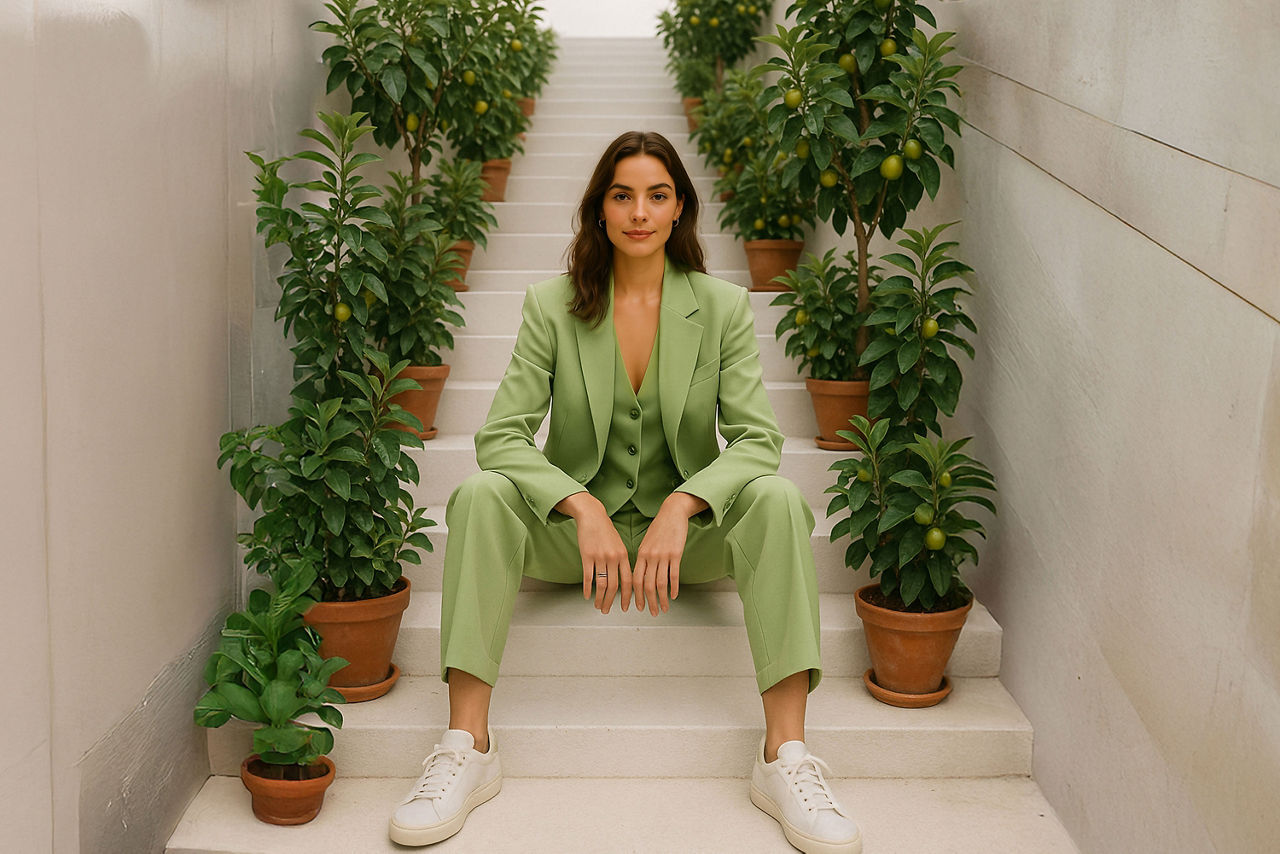 Frau im grünen Anzug sitzt auf einer Treppe
