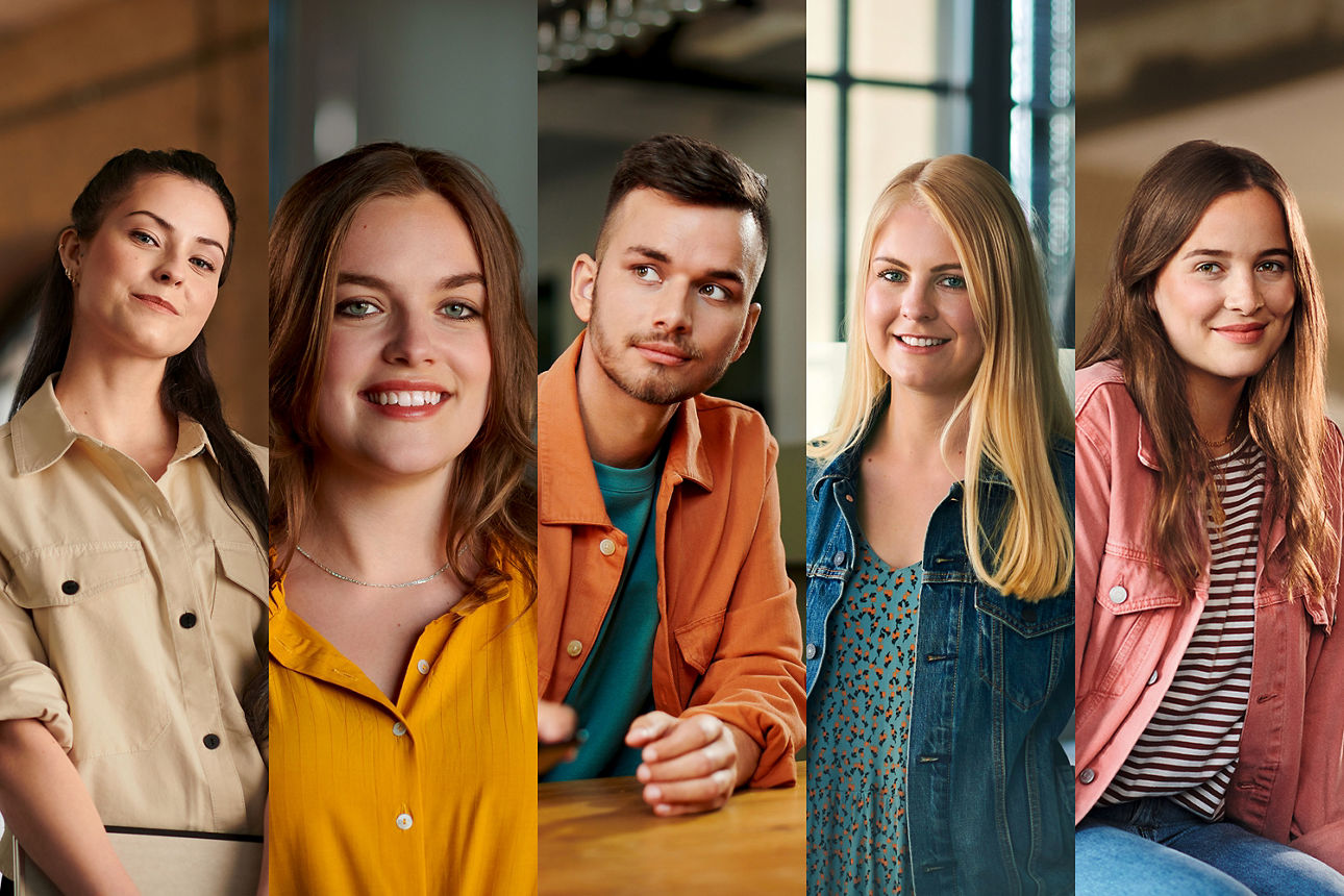 Fünf verschiedene junge Erwachsene lächeln freundlich in die Kamera