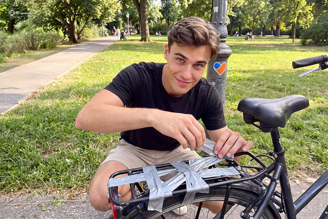 Ein junger Mann klebt den Gepäckträger eines Fahrrads mit Panzertape