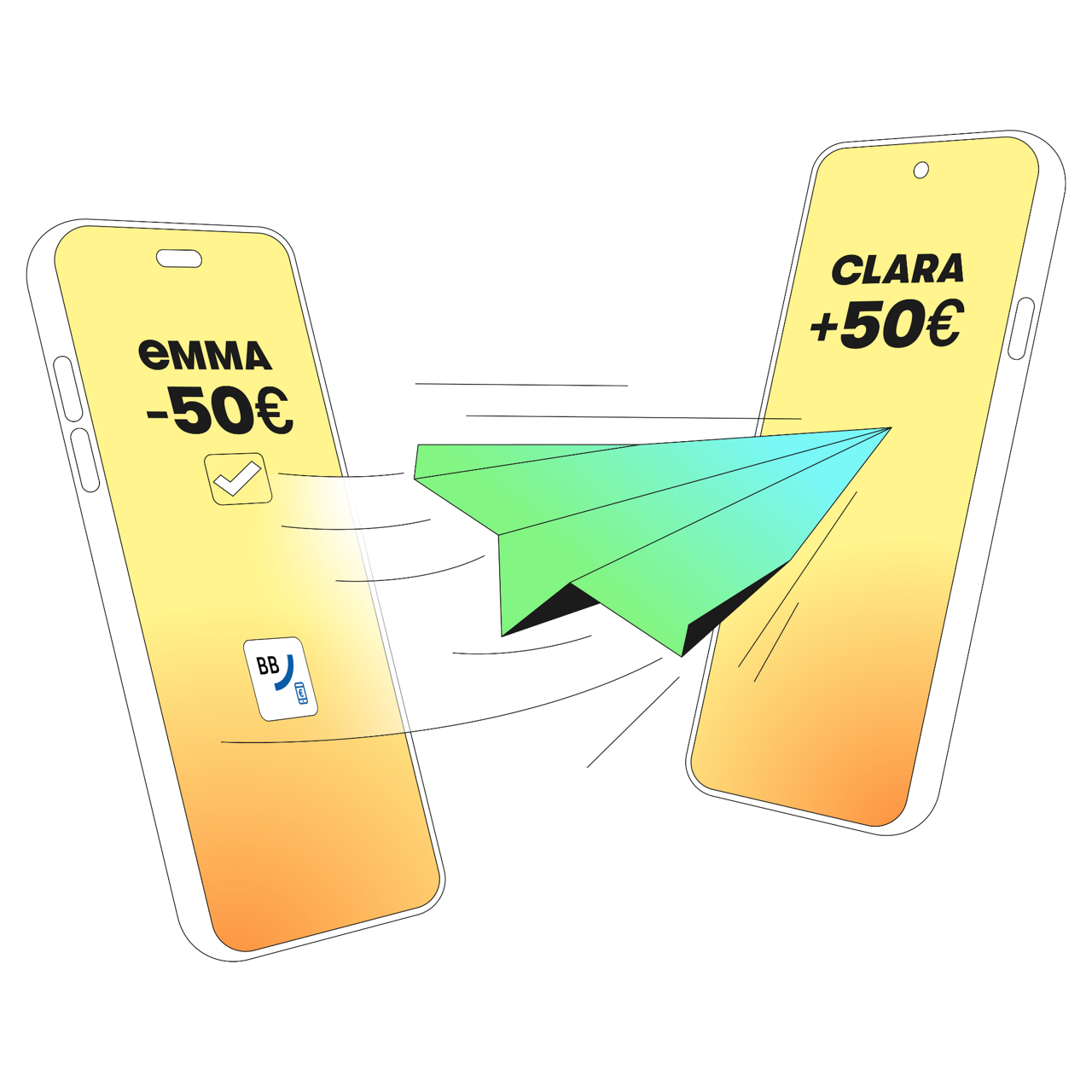 Zwei Handys zwischen denen ein papierflieger fliegt, als symbol zum schnellen Geldtransfer mit Wero