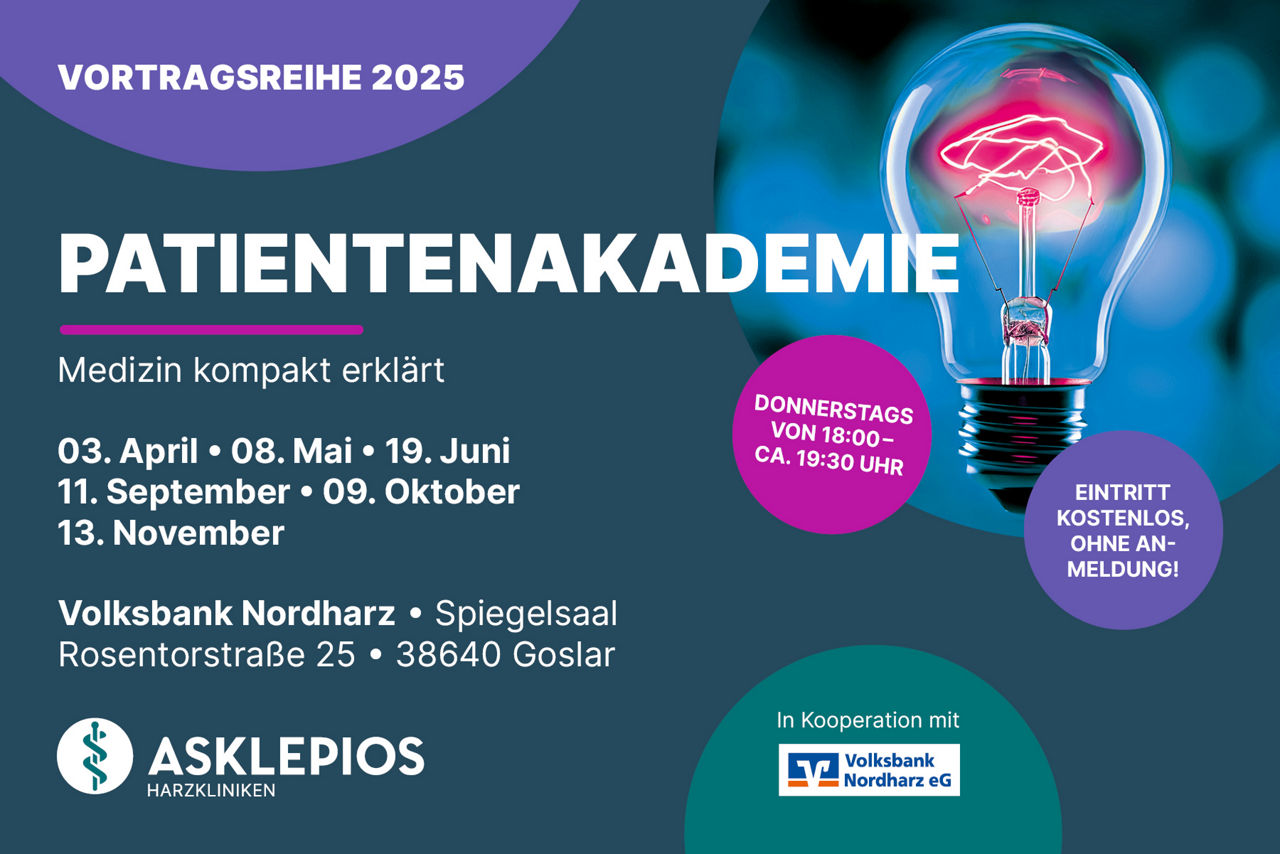 Informationsplakat zur Vortragsreihe 2025 der Patientenakademie mit dem Titel ‚Medizin kompakt erklärt‘ – Termine von April bis November, donnerstags 18–19 Uhr, im Spiegelsaal der Volksbank Nordharz in Goslar, Eintritt frei, keine Anmeldung erforderlich