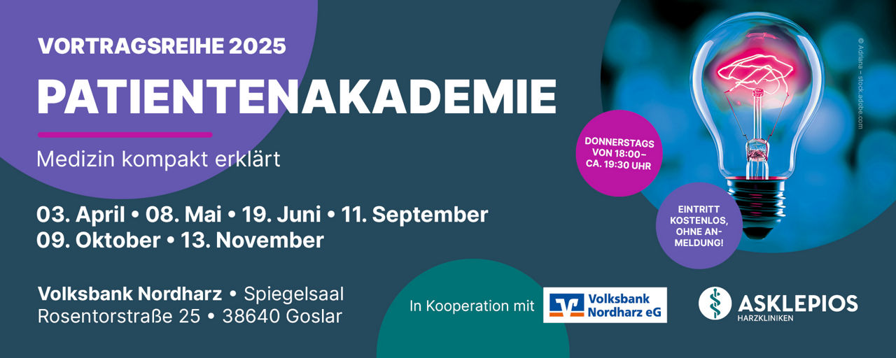 Informationsplakat zur Vortragsreihe 2025 der Patientenakademie mit dem Titel ‚Medizin kompakt erklärt‘ – Termine von April bis November, donnerstags 18–19 Uhr, im Spiegelsaal der Volksbank Nordharz in Goslar, Eintritt frei, keine Anmeldung erforderlich