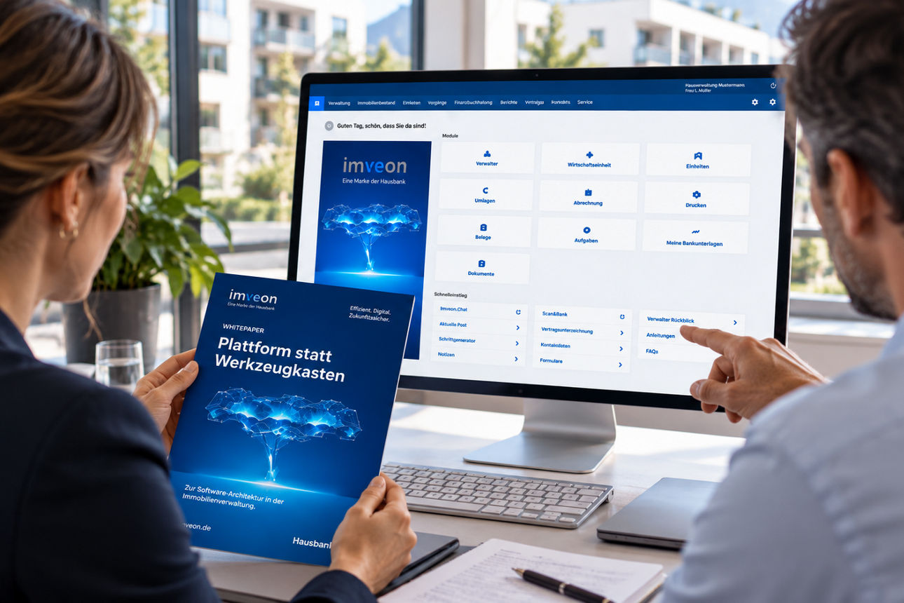 Zwei Immobilienverwalter arbeiten in imveon ERP und haben dabei unser Whitepaper zur Hand