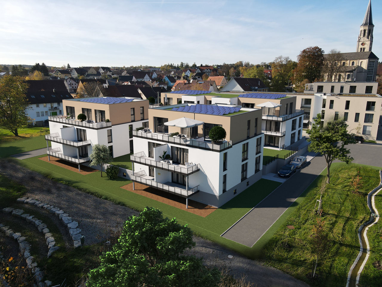 Visualisierung des Wohnbauprojekt "Neckarblick" Deißlingen mehrere Wohnblöcke