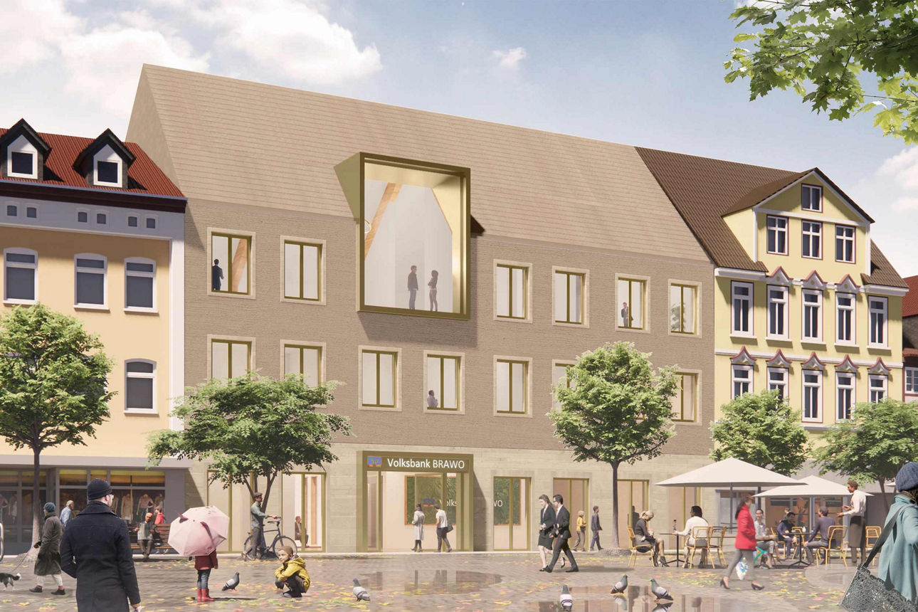 So wird die neue Peiner Hauptstelle der Volksbank BRAWO aussehen, Blick vom Peiner Marktplatz. Grafik: ©struhk architektur GmbH