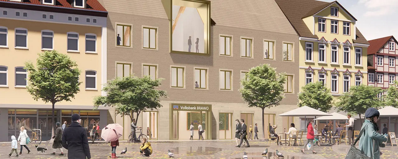 So wird die neue Peiner Hauptstelle der Volksbank BRAWO aussehen, Blick vom Peiner Marktplatz. Grafik: ©struhk architektur GmbH