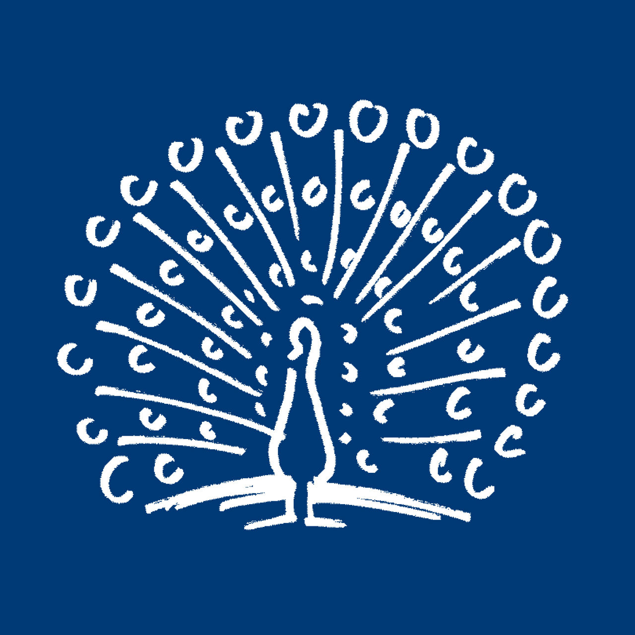 Weißer Pfau auf blauem Hintergrund, das Logo des Pfau StrategieDepot UI 