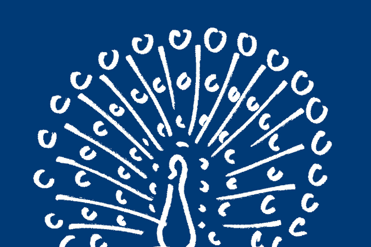 Weißer Pfau auf blauem Hintergrund, das Logo des Pfau StrategieDepot UI 