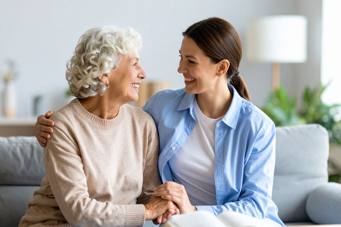 Eine ältere und eine jüngere Frau halten sich an den Händen und sehen sich lächelnd an.