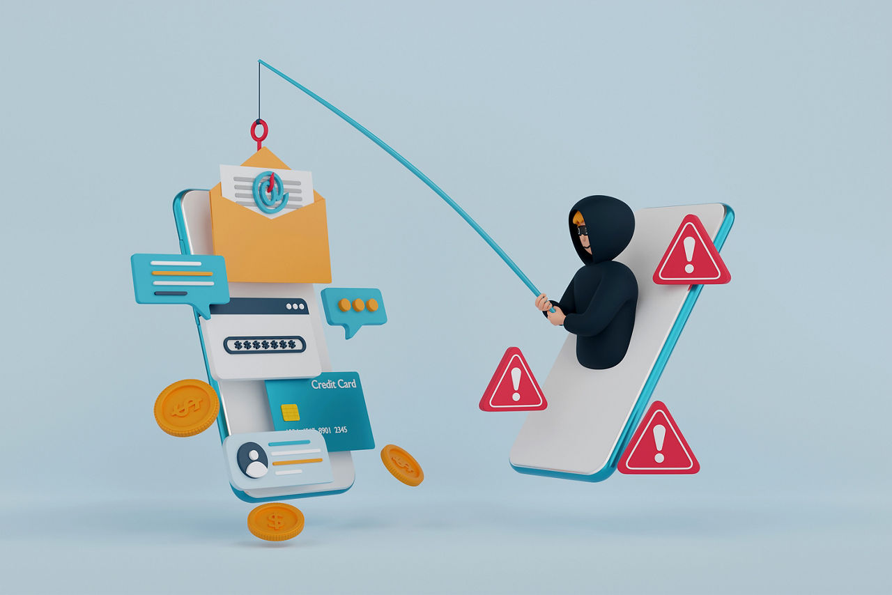 Es handelt sich um eine 3D-Darstellung von Datenklau auf dem Smartphone. Passwörter, Email, Kartendaten oder Online-Banking-Daten sind Zielscheibe von Kriminellen. Dieser Kriminelle ist durch eine Figur gekennzeichnet, die mit einer Angel sinnbildlich nach diesen Daten angelt.