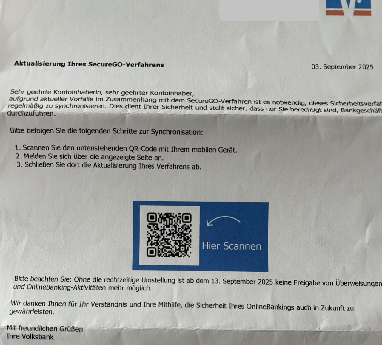  Quishing-Briefe im Namen der Volks- und Raiffeisenbanken