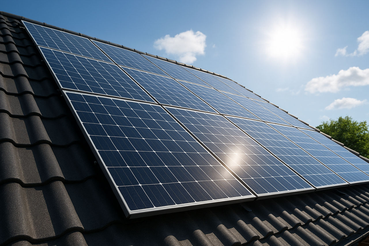 Photovoltaikmodule auf einem Hausdach bei Sonnenschein