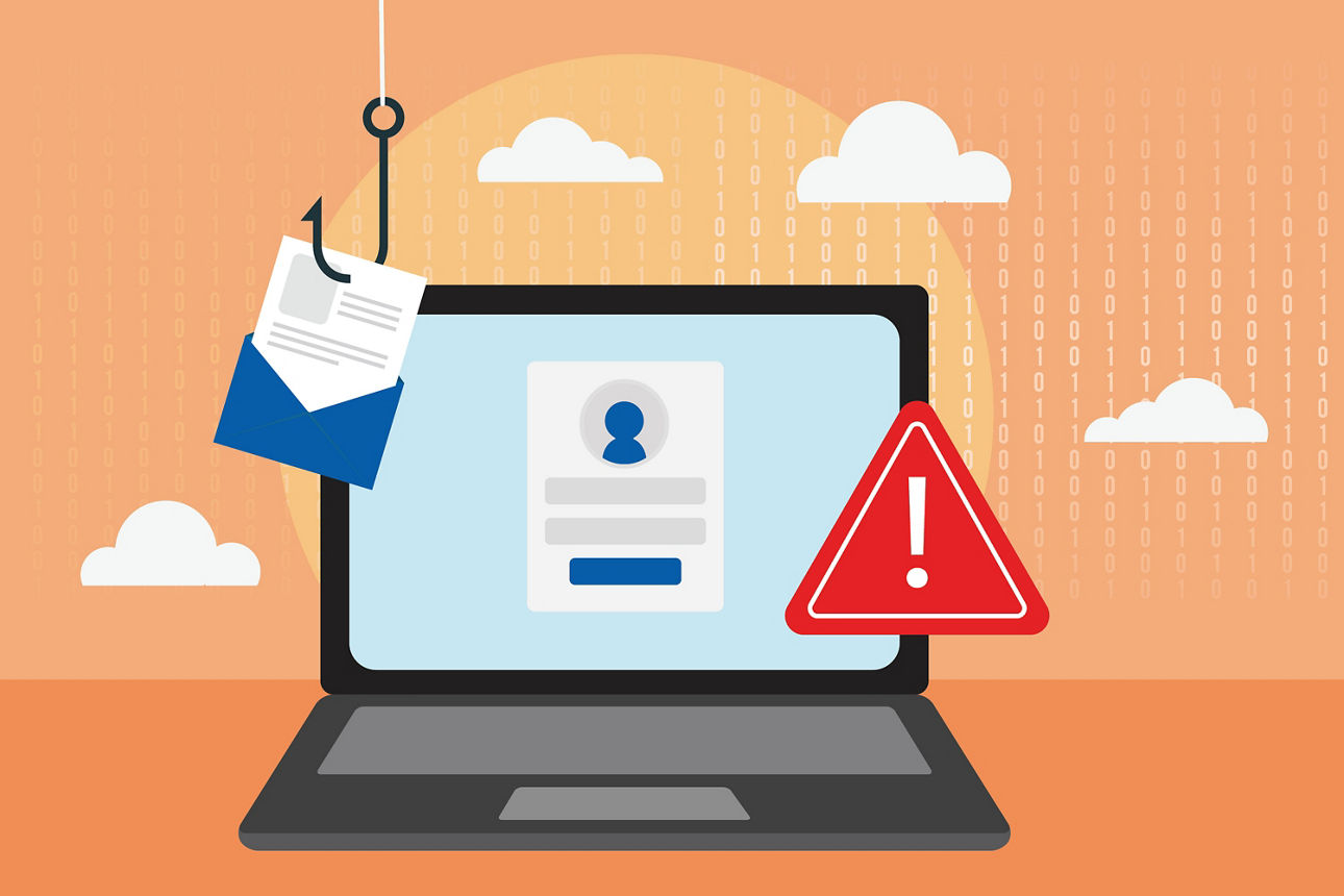 Laptop mit Anmeldebildschirm, davor ein rotes Warnsymbol und ein Angelhaken, der einen Briefumschlag hält