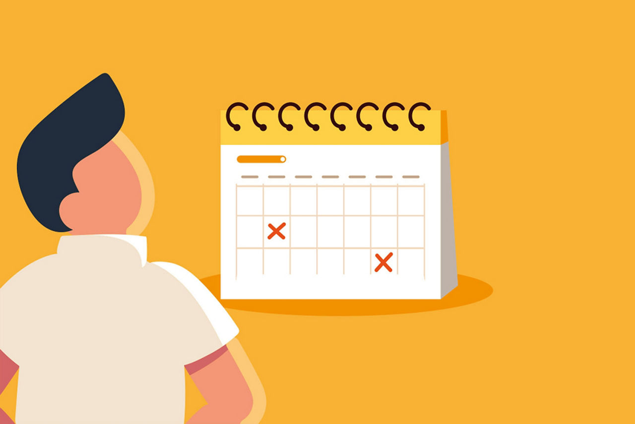 Skizze eines Mannes, der auf einen Kalender schaut