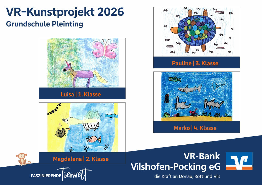 Die vier Gewinnerbilder VR-Kunstprojekt 2026, Grundschule Pleinting: Einhorn, Schildkröte, Land-Wasser-Szene, Haiarten.