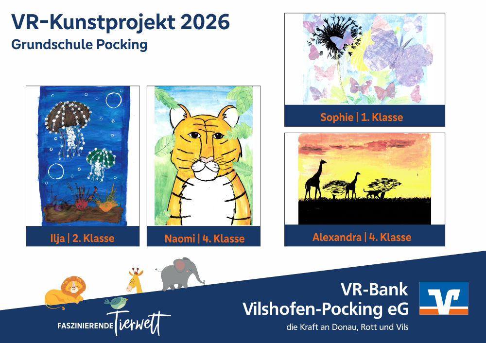 Die vier Siegerbilder VR-Kunstprojekt 2026, Grundschule Pocking: Quallen, Tiger, Schmetterlinge, Savannen-Szene.