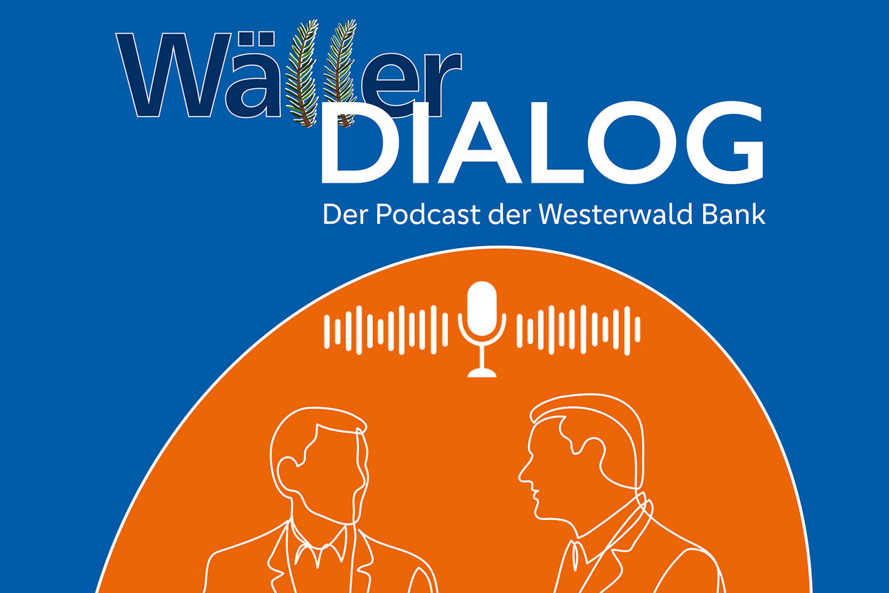 Titelbild des Podcasts der Westerwald Bank, welches Umrisse zweier mit einander sprechender Männer zeigt.