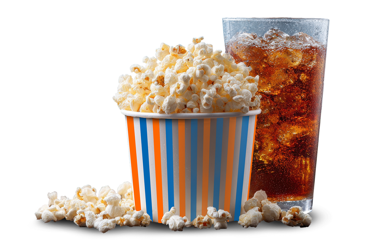 Das Bild zeigt einen blau-orange-gestreiften Eimer Popcorn und ein Glas Cola