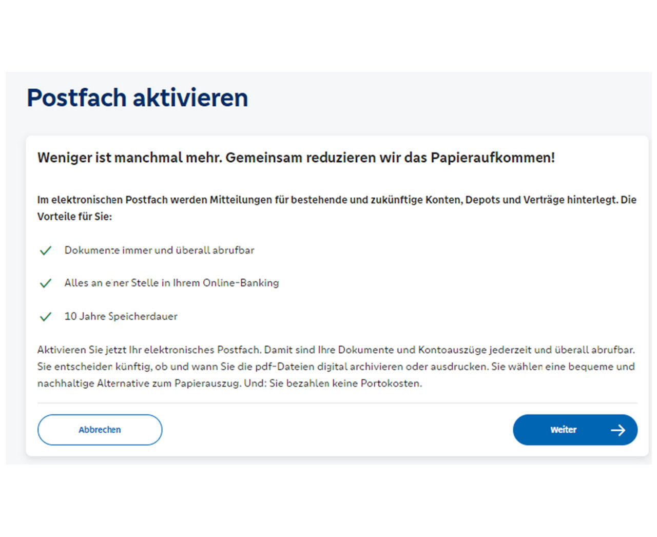 Postfach aktivieren - Dialog im Online-Banking