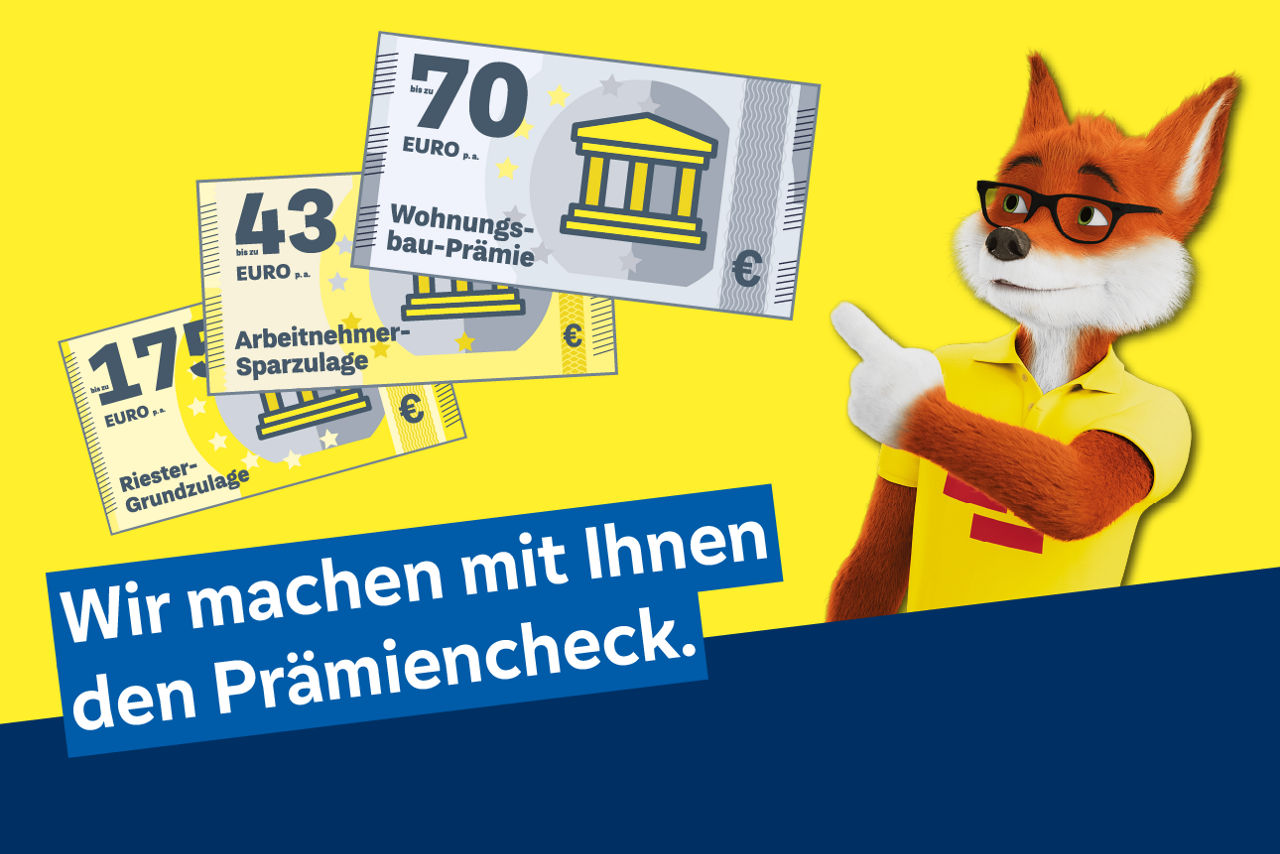 Illustration eines freundlich blickenden Fuchses mit Brille und gelbem Hemd, der auf drei gezeichnete Geldscheine zeigt.