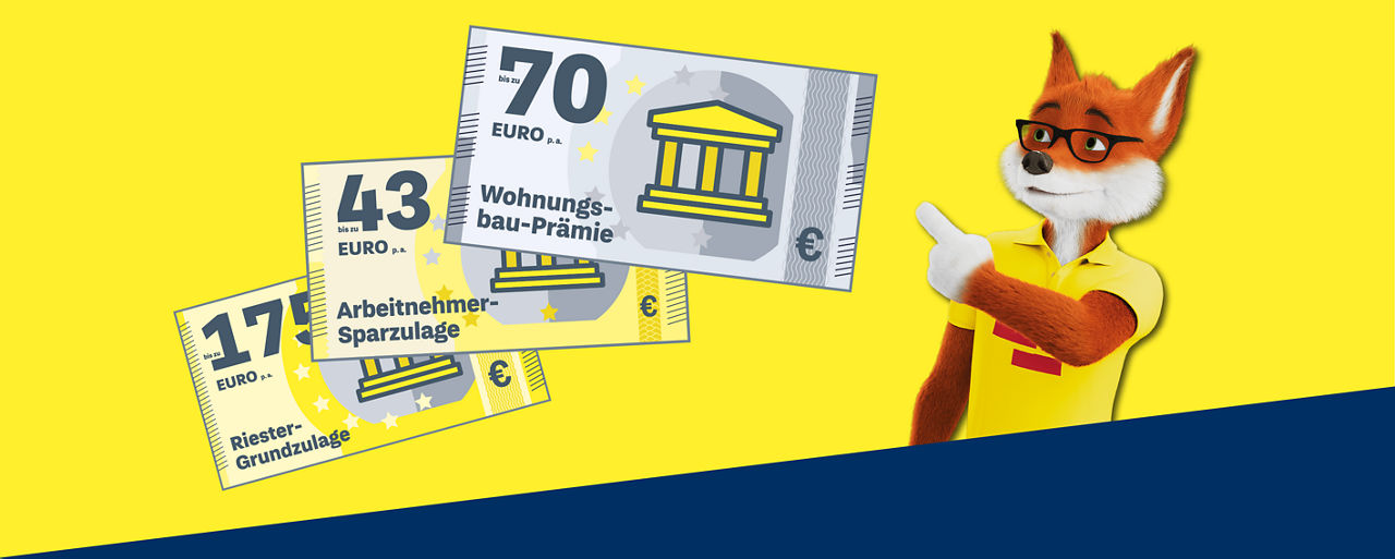 Illustration eines freundlich blickenden Fuchses mit Brille und gelbem Hemd, der auf drei gezeichnete Geldscheine zeigt.