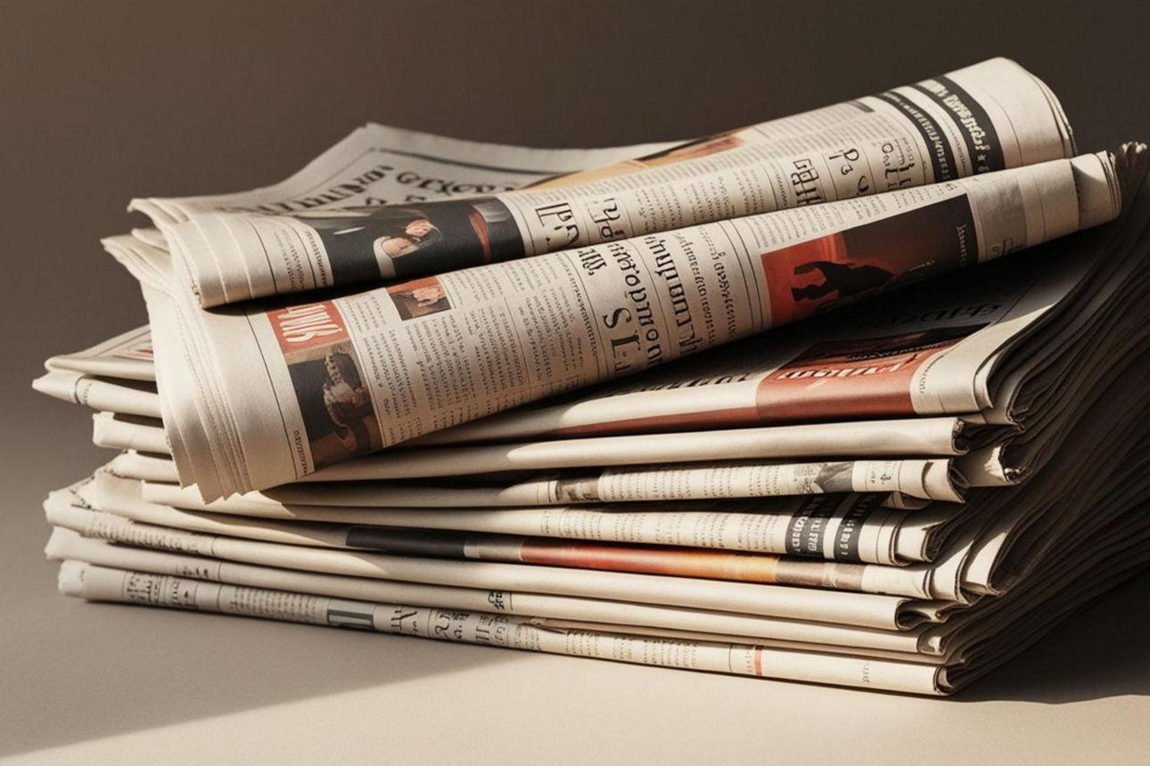 Ein Stapel gefalteter Zeitungen, deren Schlagzeilen und Artikel undeutlich zu erkennen sind, liegt im Halbschatten.