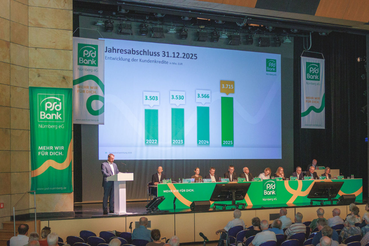 Die Generalversammlung 2026 der PSD Bank Nürnberg eG in der Stadthalle Fürth