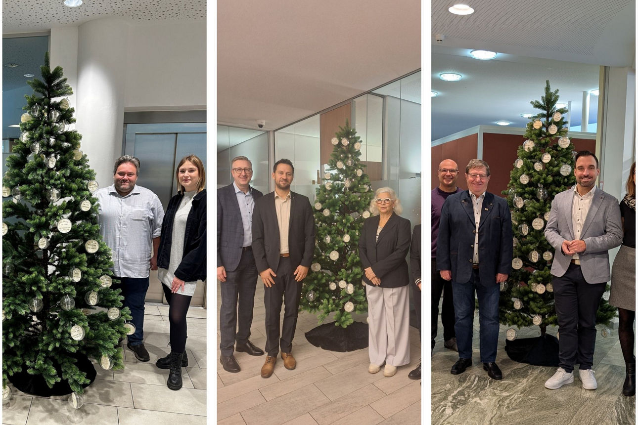 Collage mit jeweils einem Weihnachtswunschbaum und den Personen der beteiligten Partner der Aktion