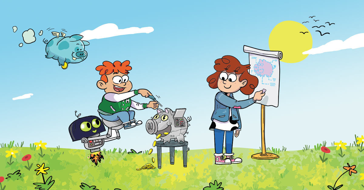 Bunte Comic-Figuren stehen auf einer grünen Wiese und werken an einem Metall-Sparschwein