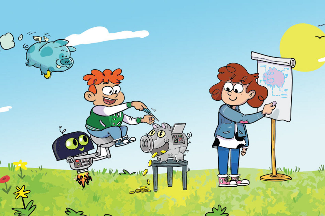 Bunte Comic-Figuren stehen auf einer grünen Wiese und werken an einem Metall-Sparschwein