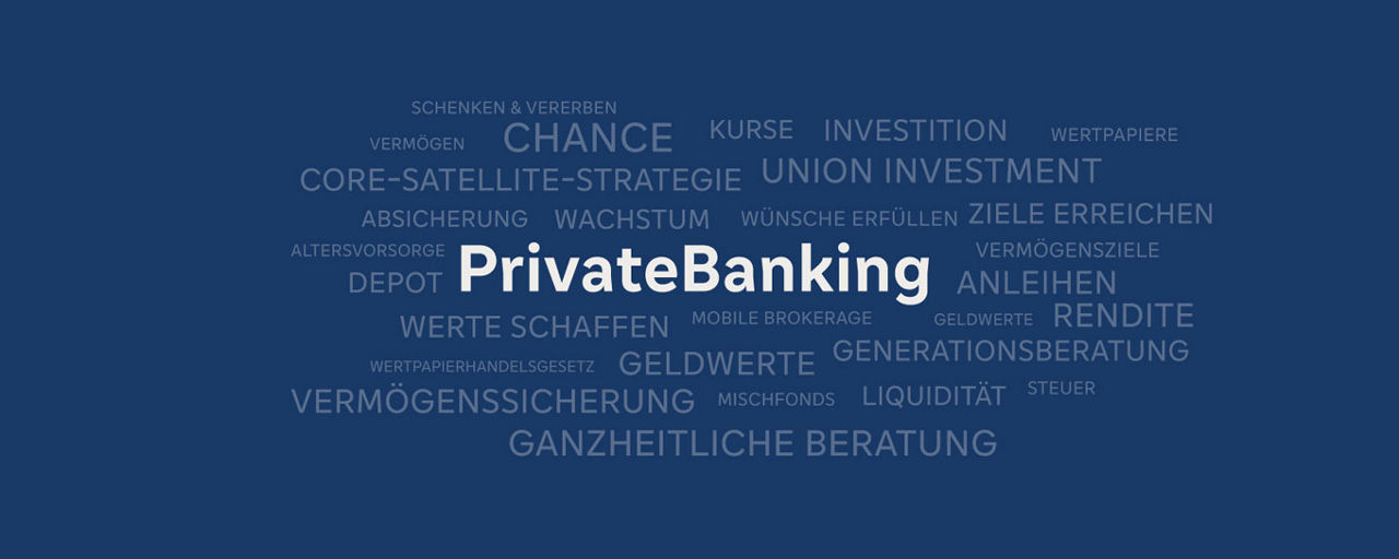 Begriffe rund um „PrivateBanking“ wie Vermögen, Ruhestandsplanung, Beratung, Edelmetalle und Ziele erreichen auf blauem Hintergrund.
