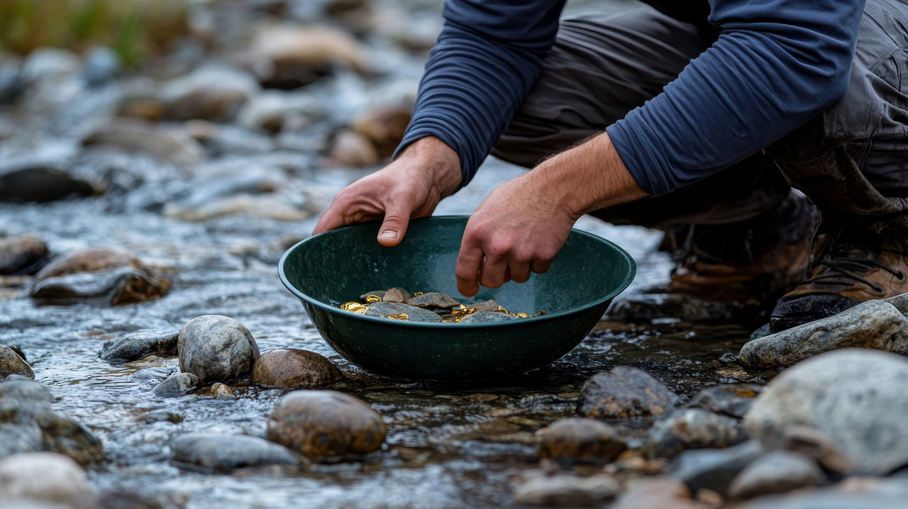 Goldsucher durchsiebt felsigen Gebirgsbach, hält grüne Pfanne und sucht mit traditioneller Seifenbergbautechnik nach schimmernden Goldnuggets