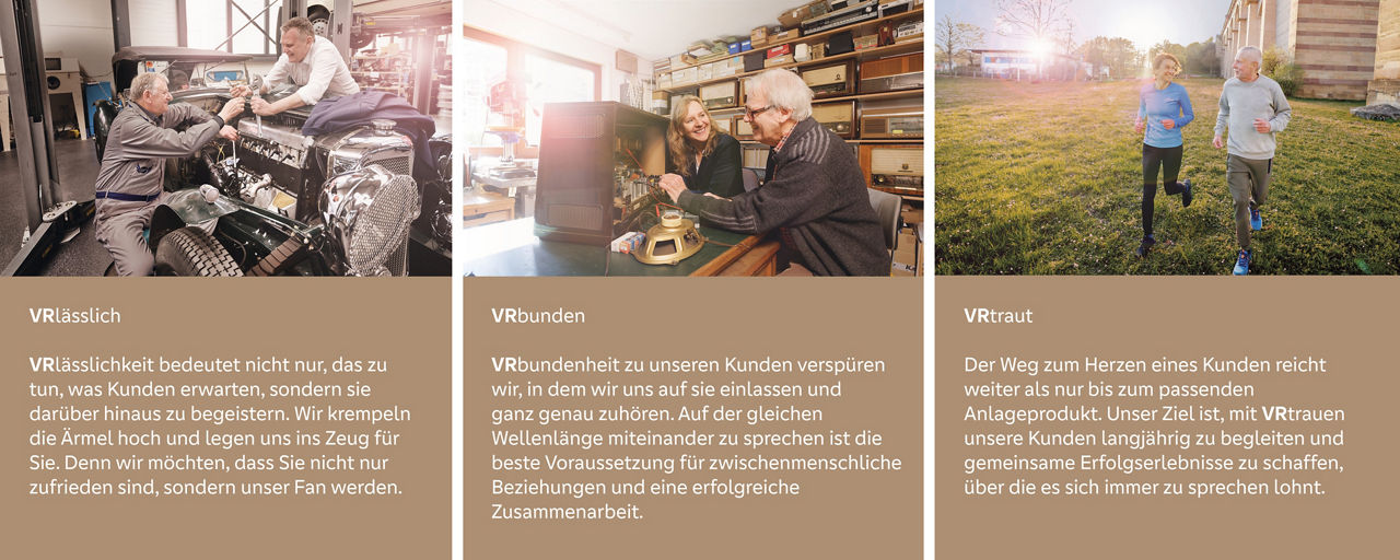 Drei Szenen zeigen Kunden der VR-Bank: Oldtimer-Reparatur, Röhrenradio-Basteln und Joggen – Werte wie Nähe und Vertrauen.