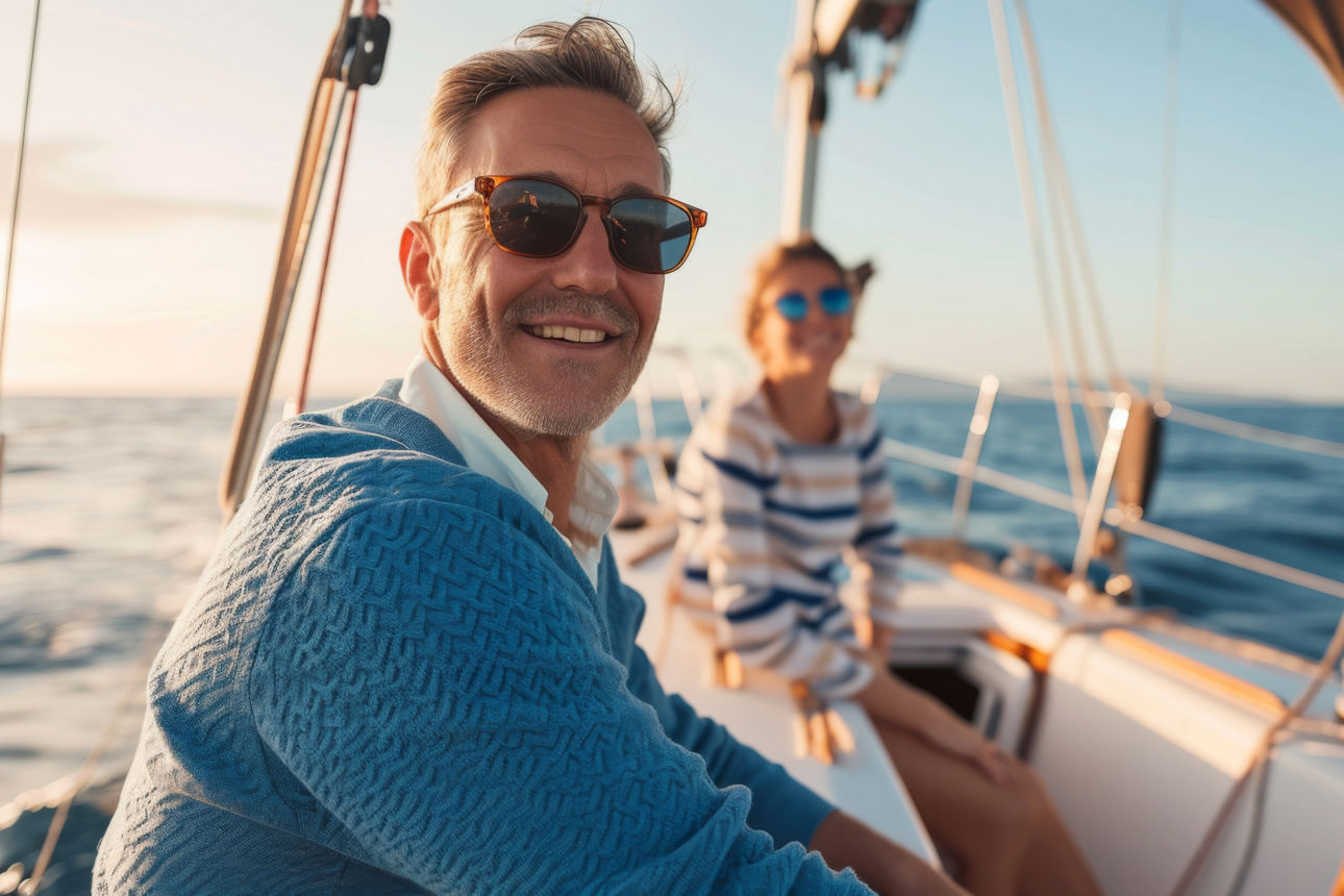 Ein lächelndes Paar in legerer Kleidung und Sonnenbrille genießt einen entspannten Tag auf einer Yacht mit einem klaren blaue