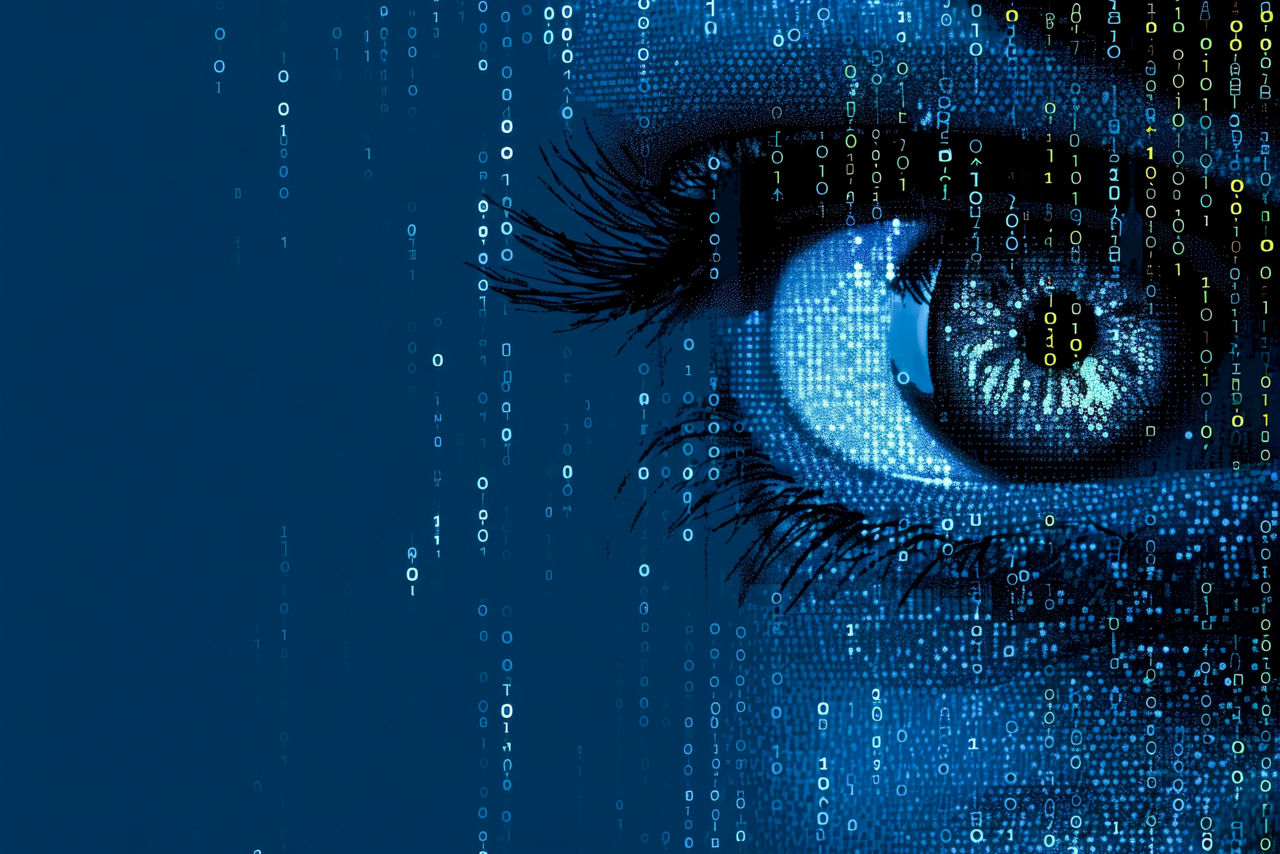 Kunststil Illustration des technologischen Auges auf blauem Hintergrund