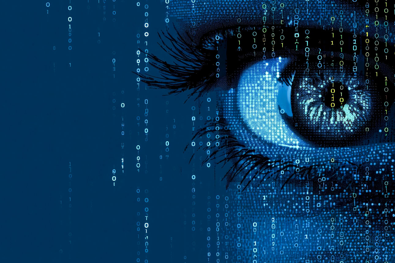Kunststil Illustration des technologischen Auges auf blauem Hintergrund