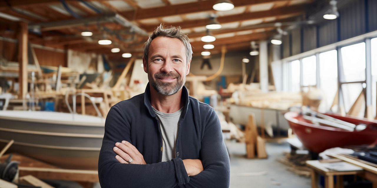 Bootsbauer am Arbeitsplatz schaut in die Kamera, im Hintergrund Boote