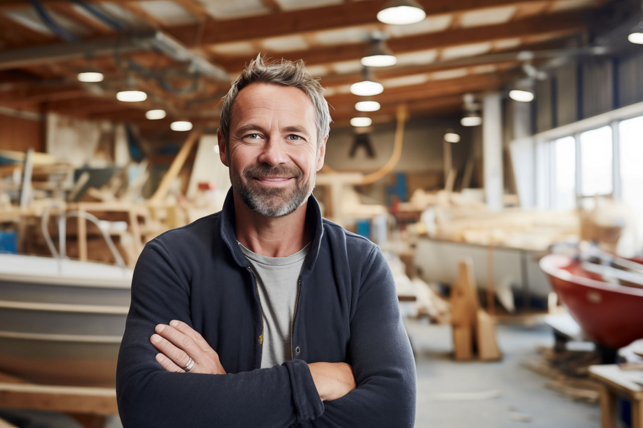 Bootsbauer am Arbeitsplatz schaut in die Kamera, im Hintergrund Boote