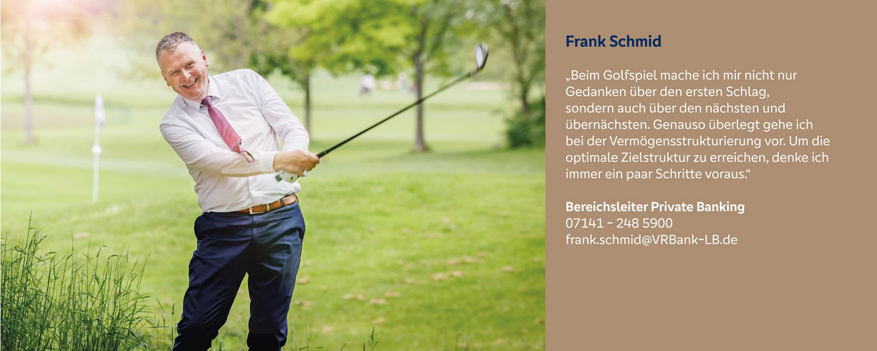 Frank Schmid beim Golfen – er vergleicht strategisches Spiel mit durchdachter Vermögensstrukturierung im Private Banking.