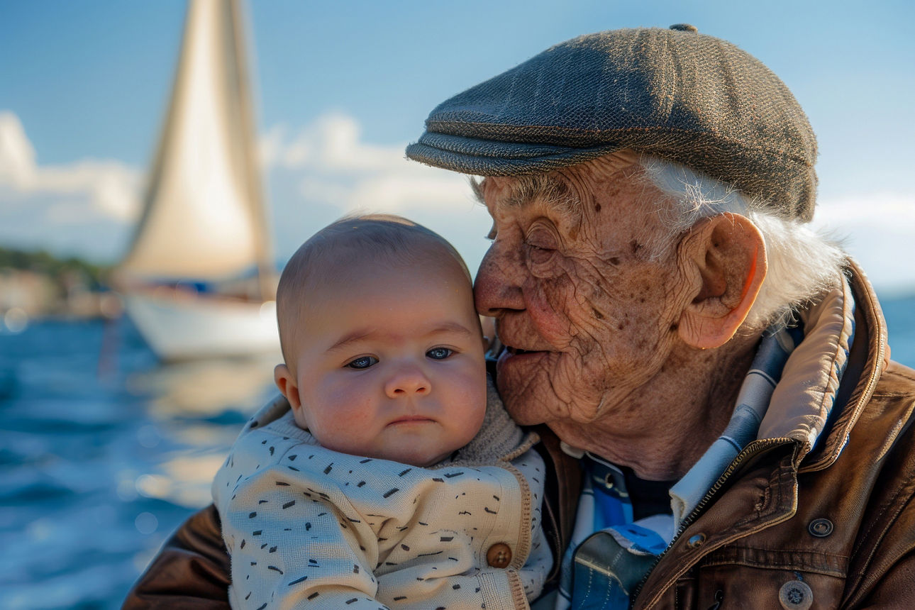  Ein älterer Mann küsst liebevoll die Stirn seines Enkels