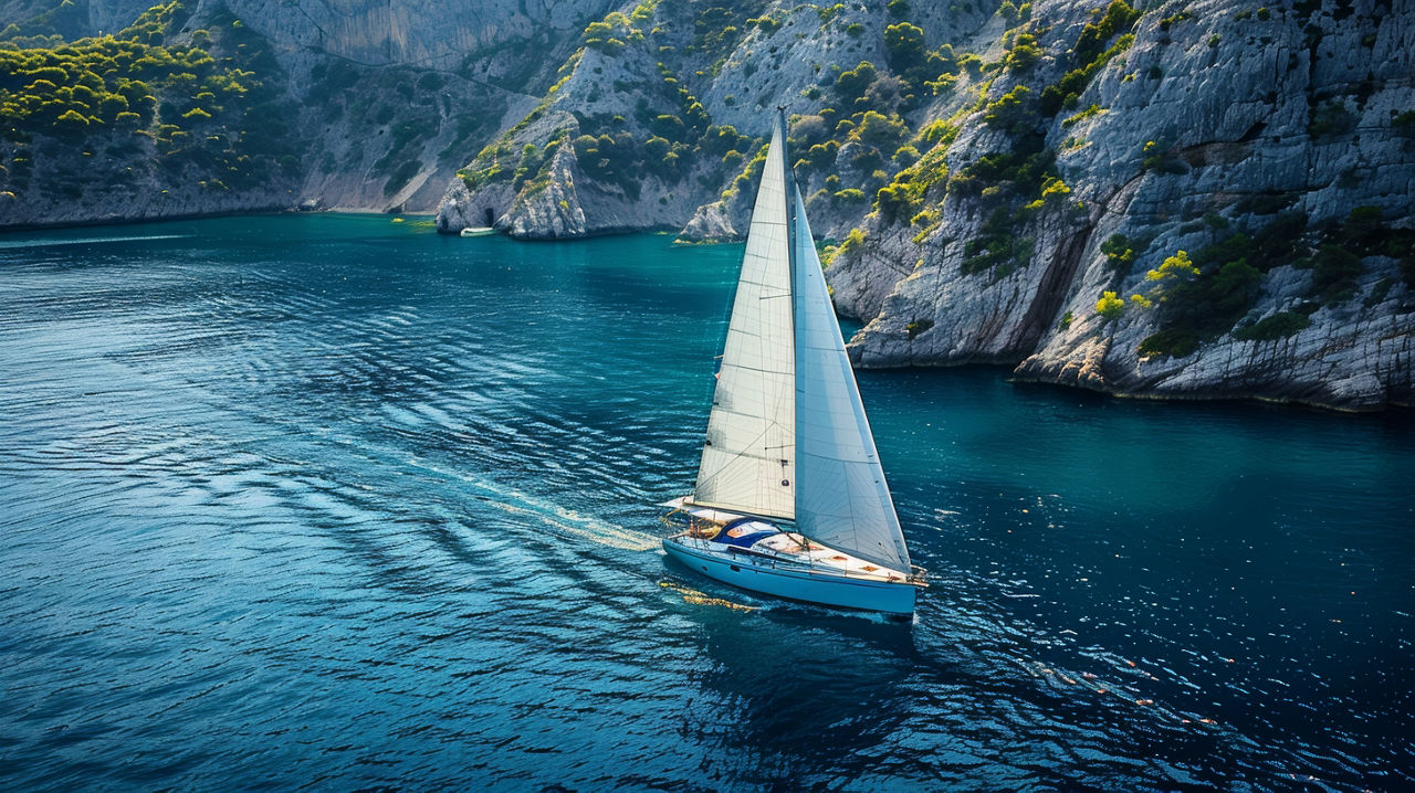 Segeln in die Ruhe, eine Yacht gleitet durch ruhiges azurblaues Wasser, umgeben von dramatischen Klippen