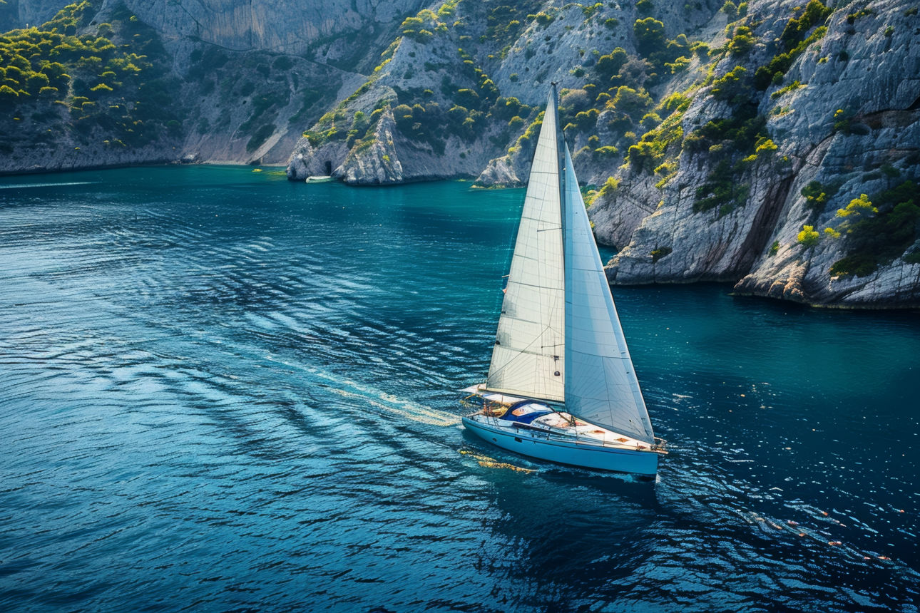 Segeln in die Ruhe, eine Yacht gleitet durch ruhiges azurblaues Wasser, umgeben von dramatischen Klippen