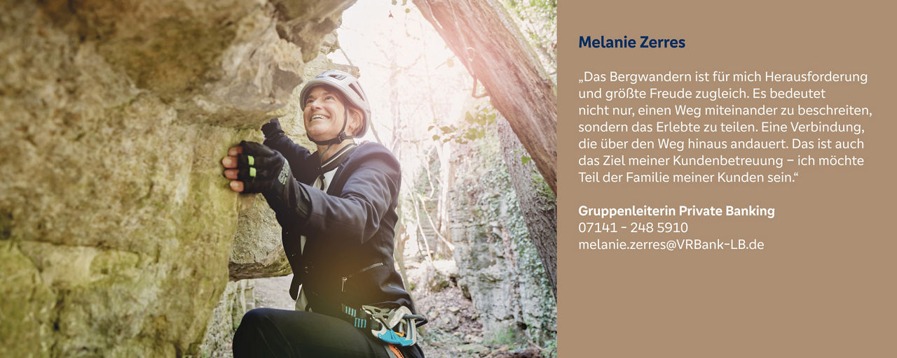 Melanie Zerres beim Klettern – sie vergleicht die Herausforderung des Bergsports mit verbindlicher Kundenbetreuung im Banking