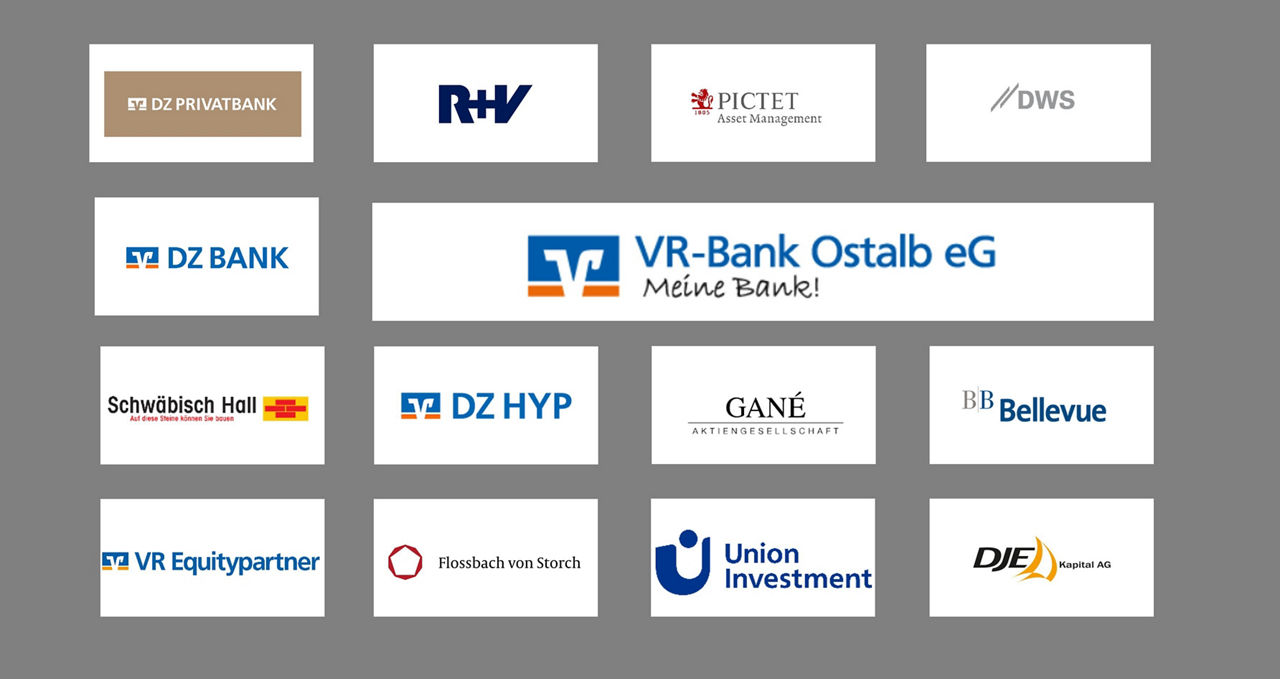 Darstellung der Netwerk-Partner im Private Banking: DE Privatbank, R+V, PICTET, bws, DZ Bank, Schwäbisch Hall, DZ HYP, Gané, Bellevue, VR Equitypartner, Flossbach von Storch, Union Investment, DJE