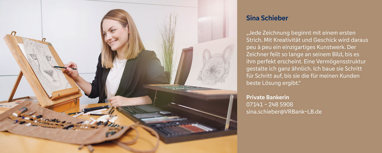 Sina Schieber zeichnet ein Tierporträt – als Symbol für kreative und individuelle Vermögensplanung für ihre Kunden.