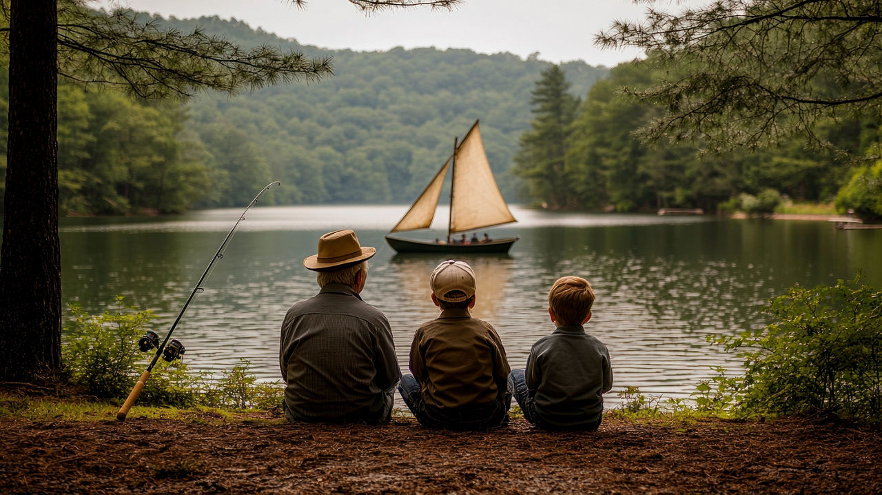 Drei Generationen beobachten ein Segelboot auf einem See. 