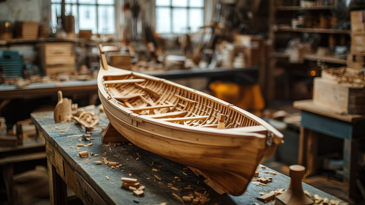 Ein aufwendiges Holzbootmodell ruht auf einer verwitterten Werkbank, umgeben von zahlreichen Werkstatt-Holzbearbeitungswerkzeugen. 