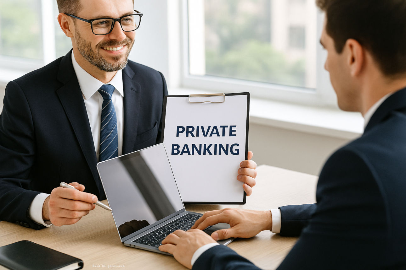 Zwei Männer sitzen sich lächelnd gegenüber mit Laptop auf dem Tisch