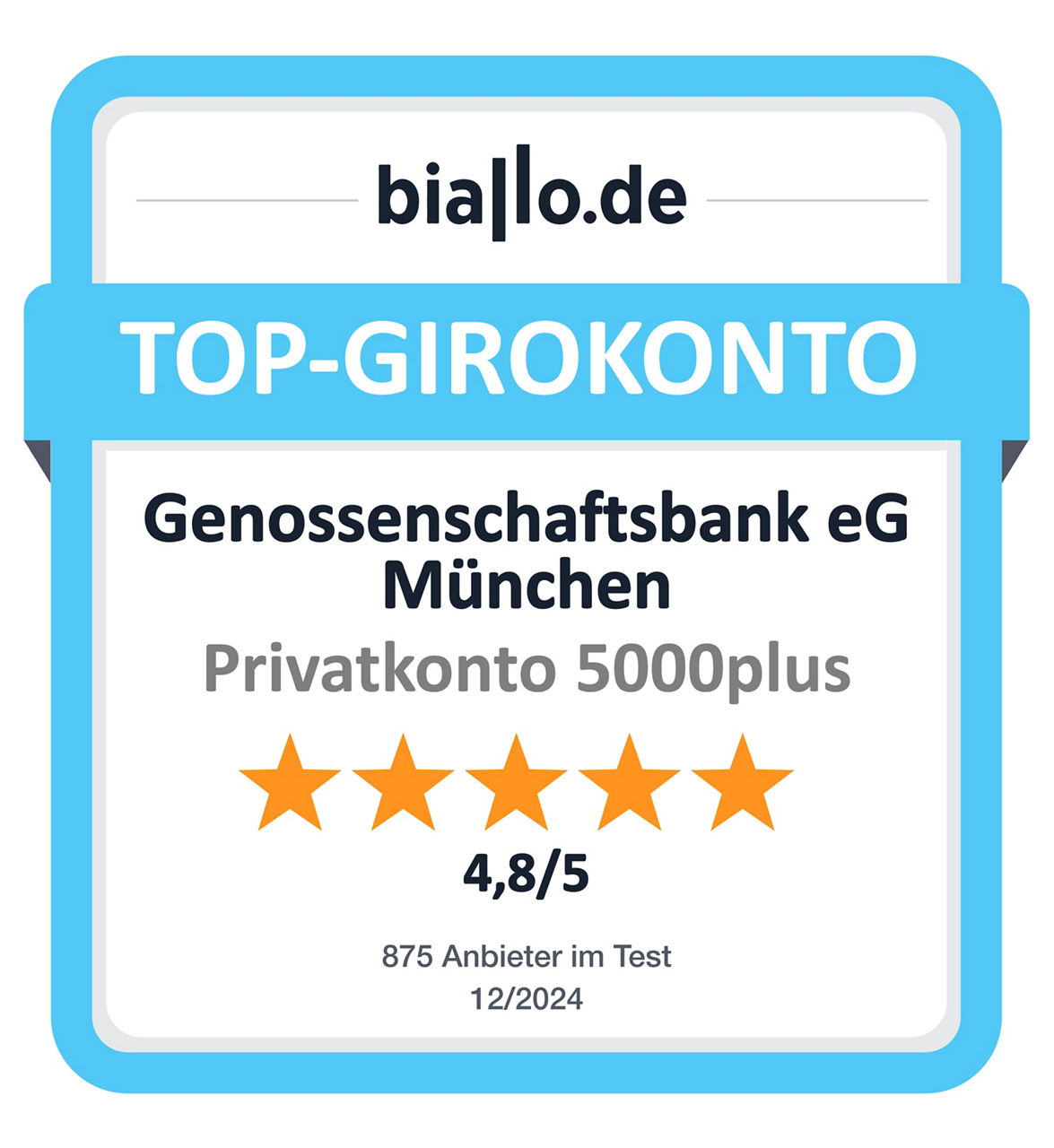 Biallo Siegel in blau für das Privatkonto 5000plus der Genobank München. Es zeigt 4,8 Sterne von 5.