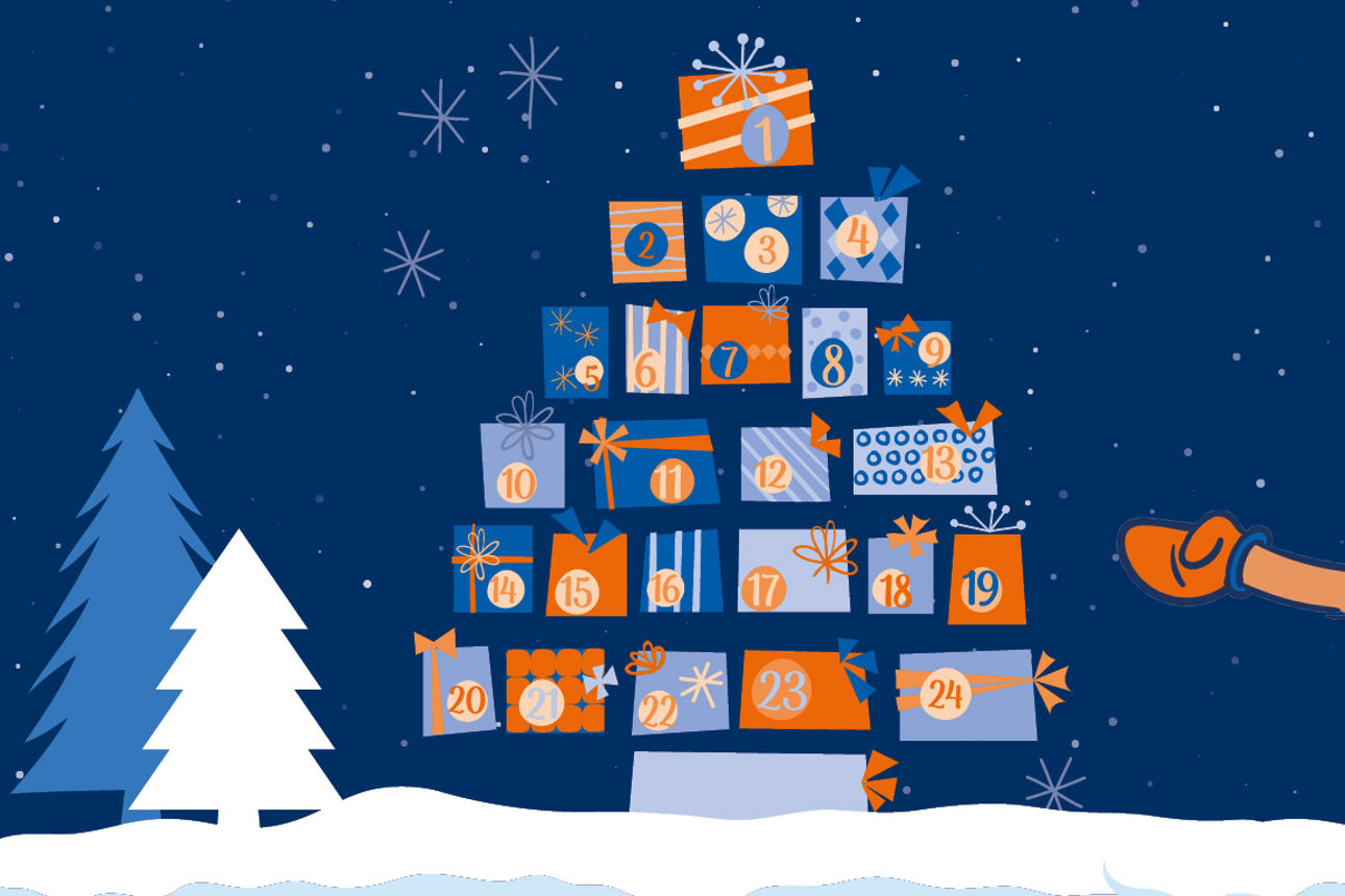 Weihnachtsbaum aus Geschenken mit Taudo dem VR-Bank Adventskalender-Maskottchen